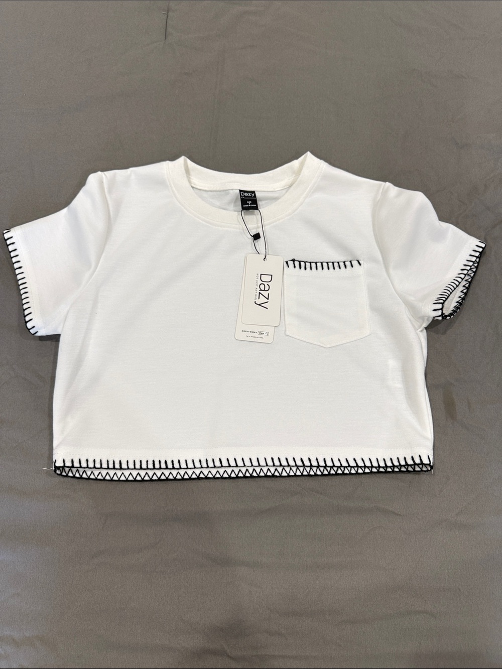 SHEIN White Cropped Tee with Black Contrast Stitching